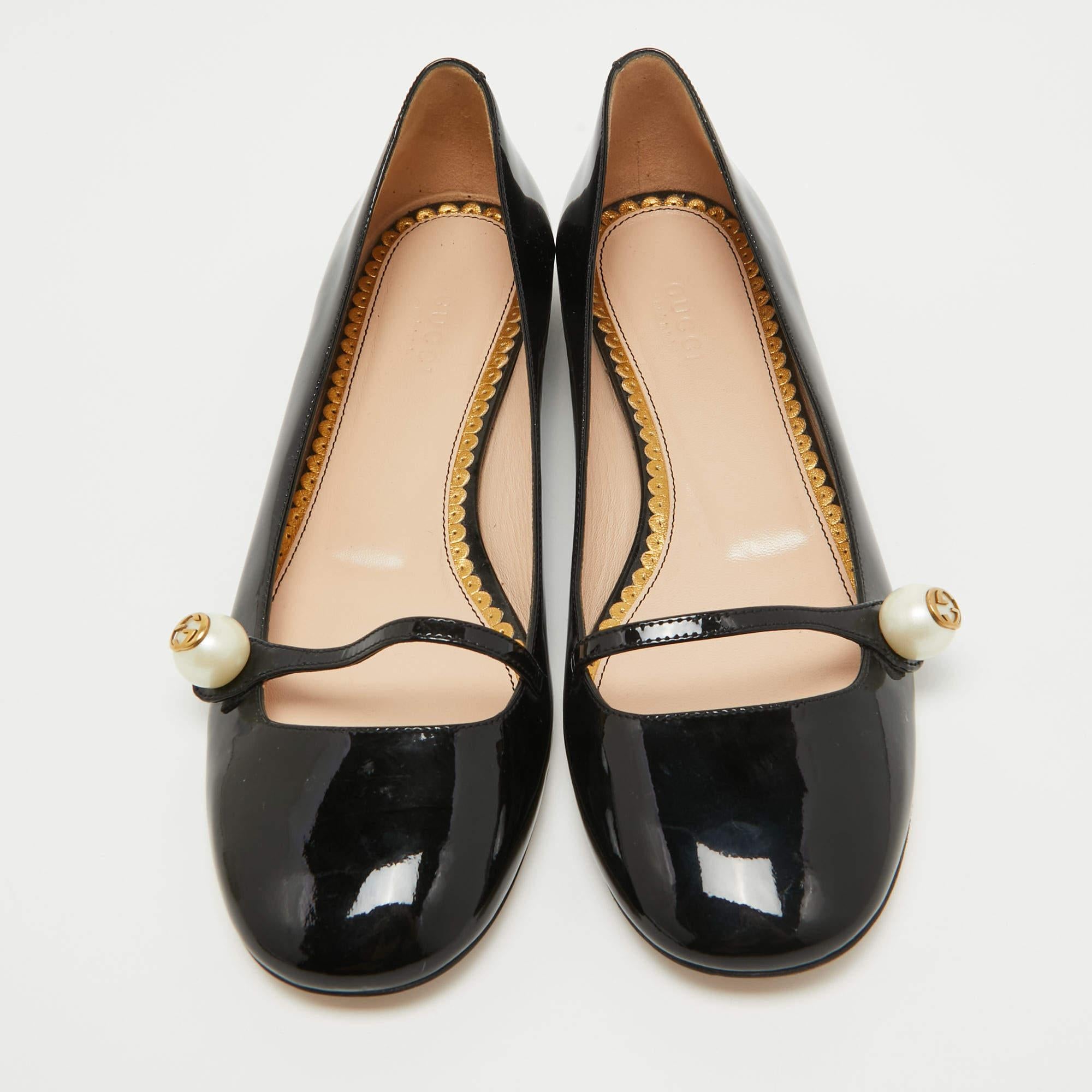 Gucci Black Patent Leather GG Pearl Embellished Ballet Flats Size 37.5 1