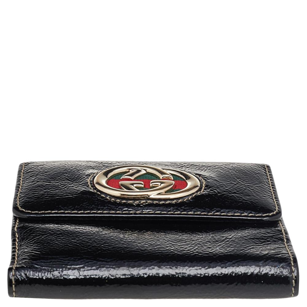 Gucci Black Patent Leather GG Web Britt Compact Wallet 6