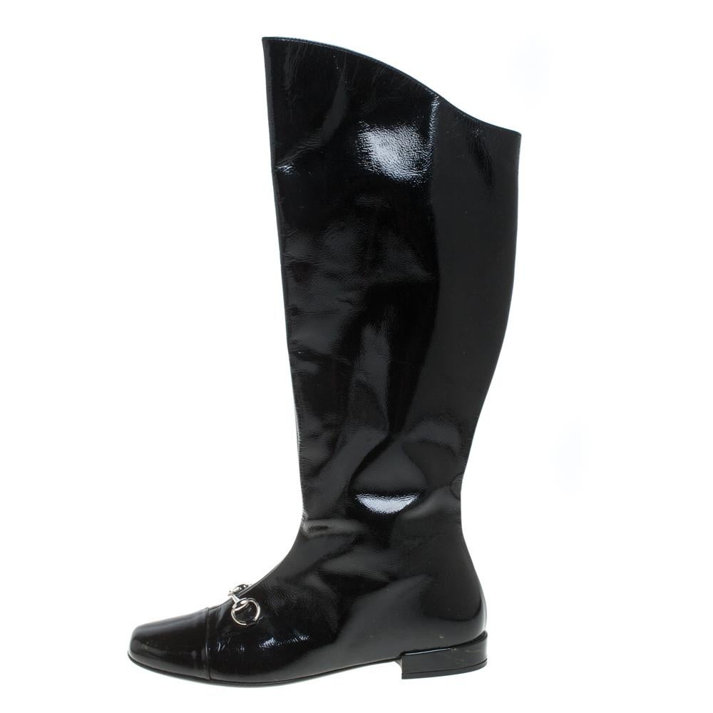Gucci Black Patent Leather Horse Bit Knee Length Boots Size 35 3
