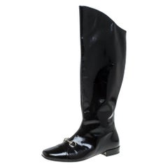 Gucci Black Patent Leather Horse Bit Knee Length Boots Size 35