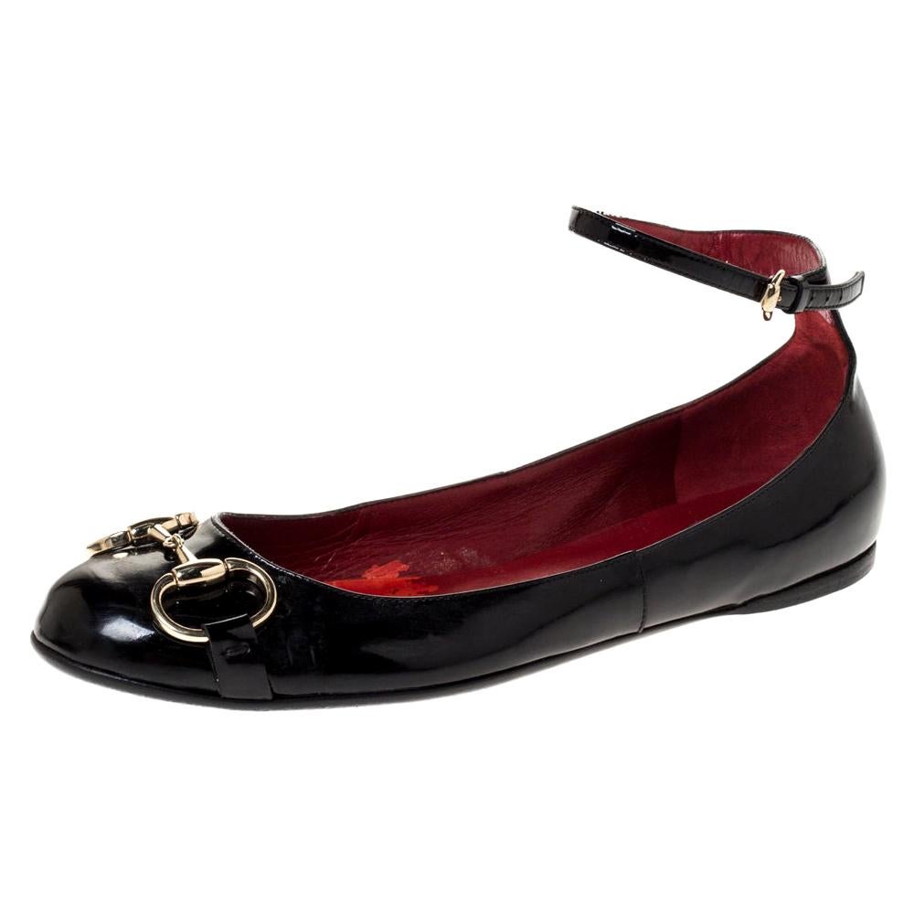 Gucci Black Patent Leather Horsebit Ankle Strap Ballet Flats Size 37.5