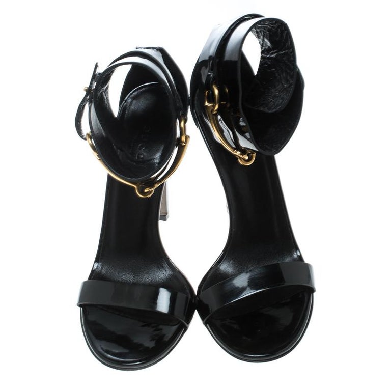 Gucci Black Patent Leather Horsebit Ankle Strap Sandals Size 37 For ...