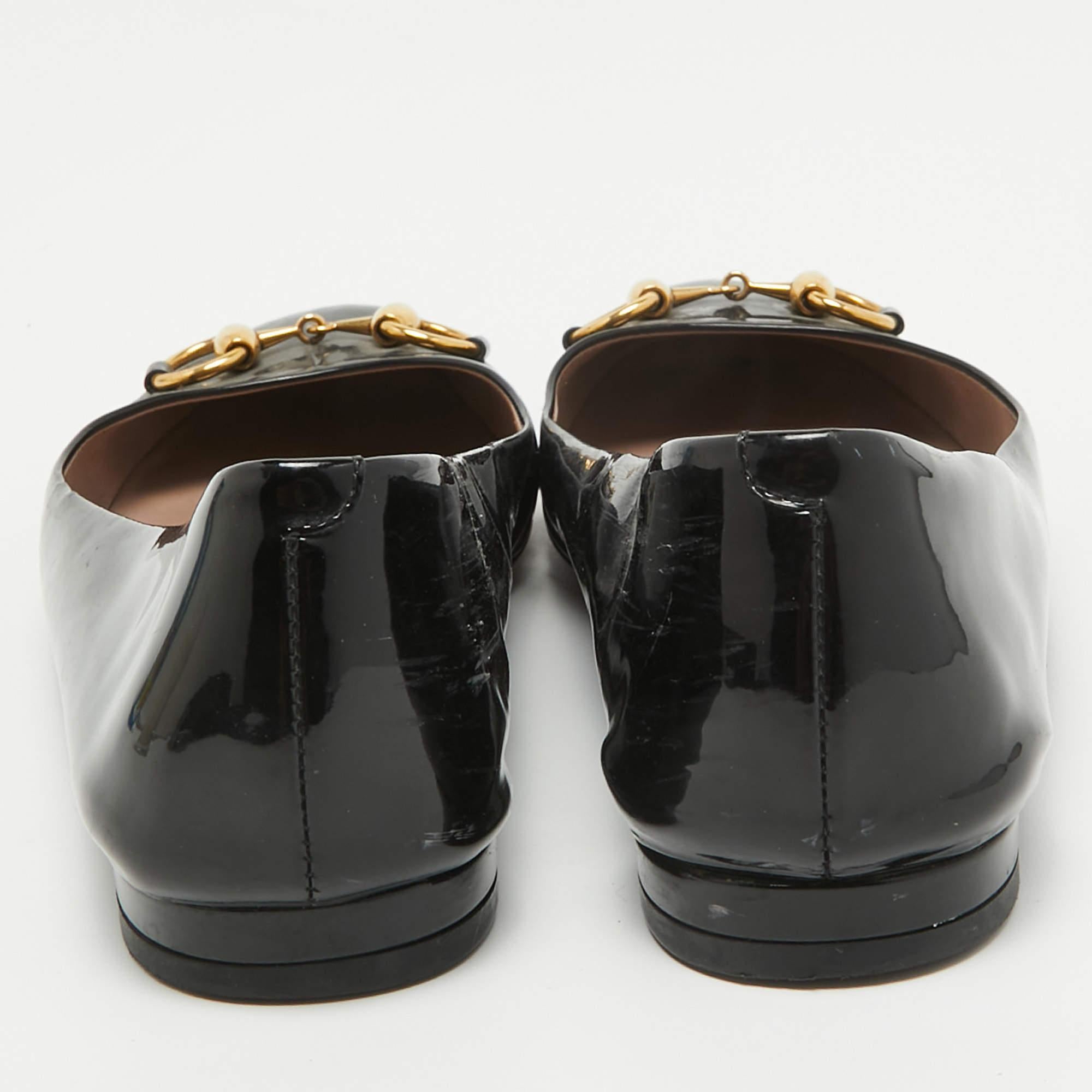 Women's Gucci Black Patent Leather Horsebit Ballet Flats Size 38.5 For Sale