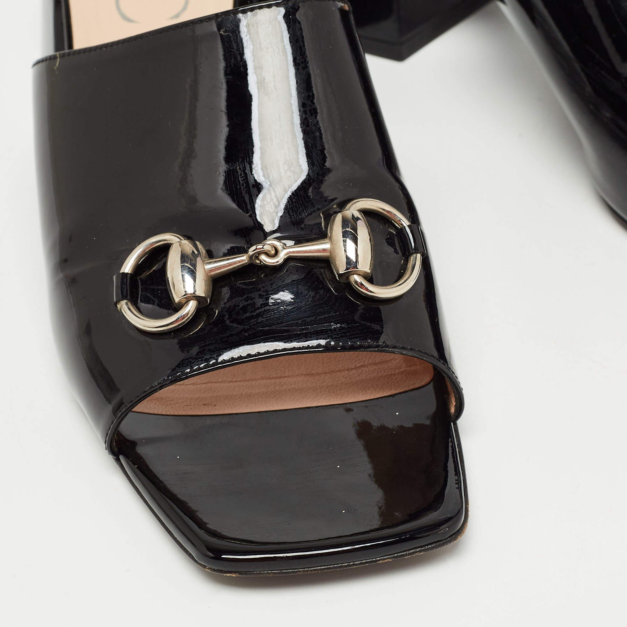 Gucci Schwarze Lackleder Horsebit Block Heel Slide Sandalen Größe 39,5 Damen