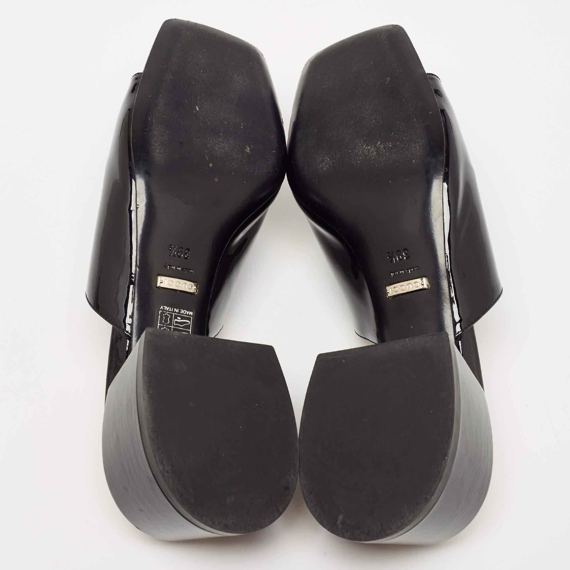 Gucci Black Patent Leather Horsebit Block Heel Slide Sandals Size 39.5 For Sale 1
