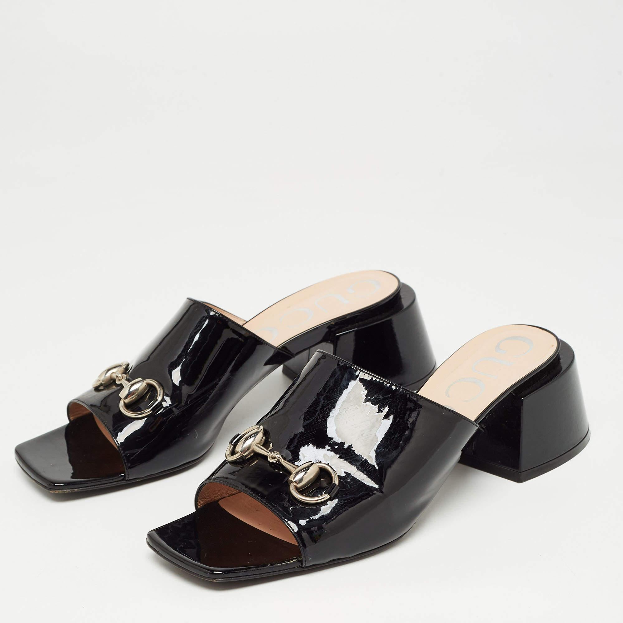Gucci Black Patent Leather Horsebit Block Heel Slide Sandals Size 39.5 3