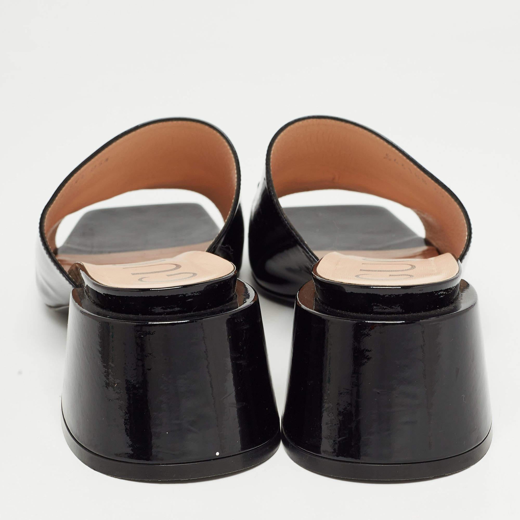 Gucci Black Patent Leather Horsebit Block Heel Slide Sandals Size 39.5 For Sale 4