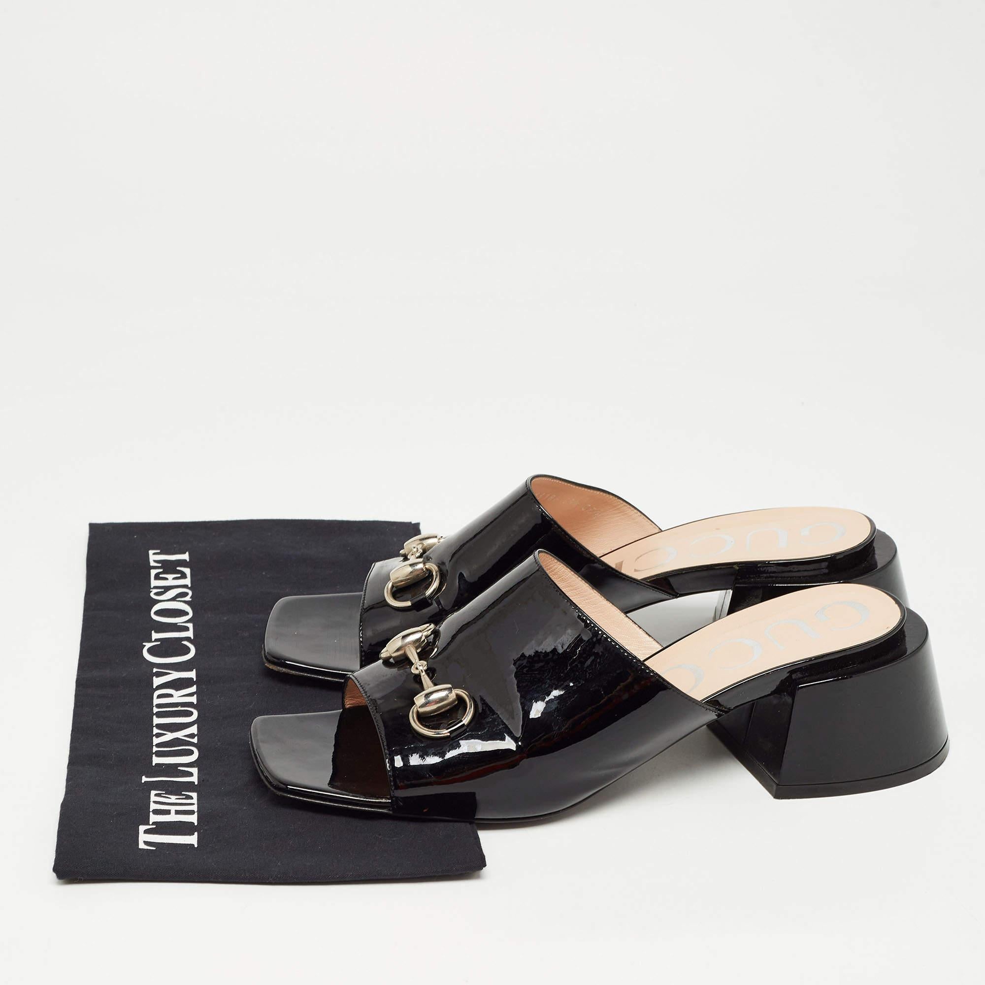 Gucci Black Patent Leather Horsebit Block Heel Slide Sandals Size 39.5 For Sale 5