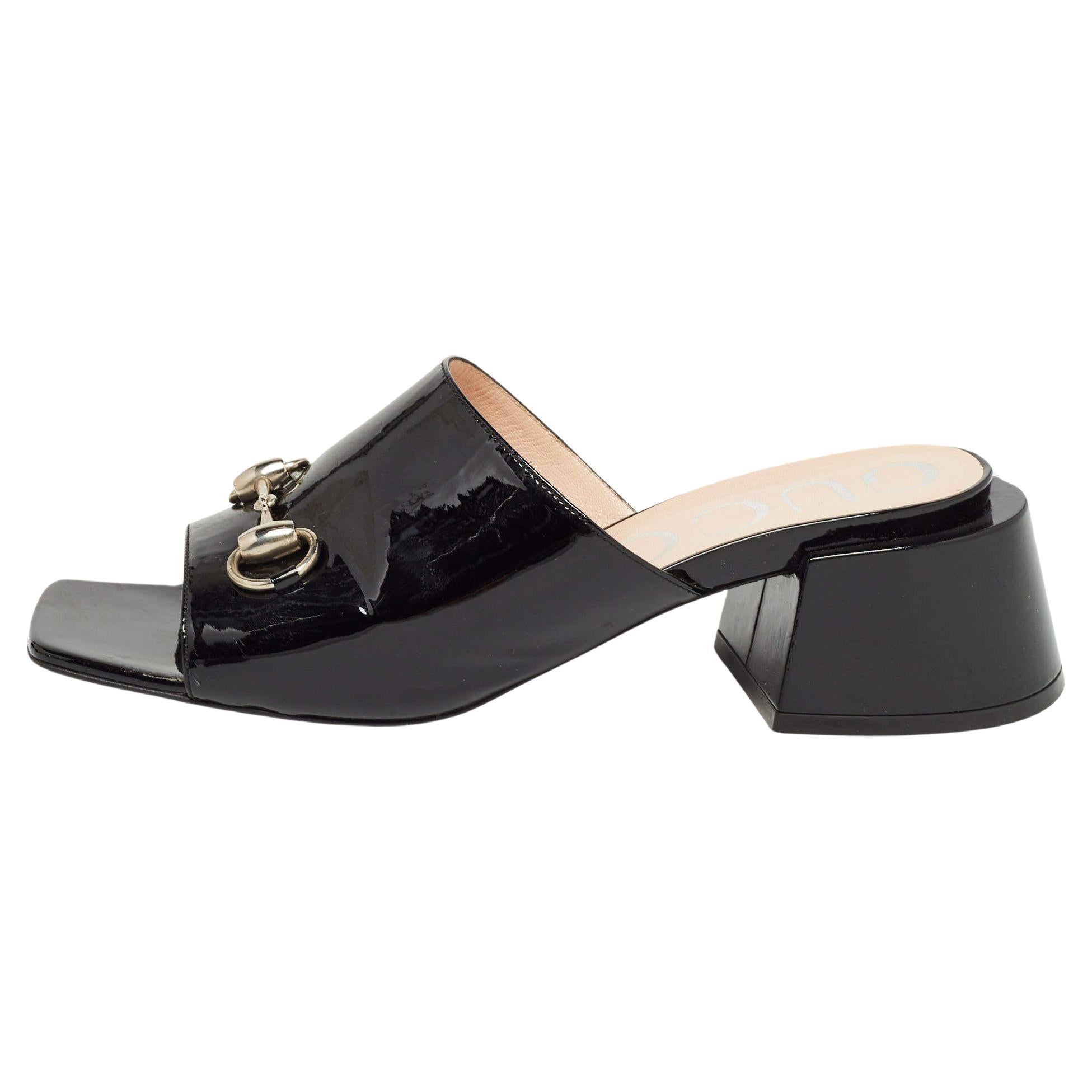 Gucci Black Patent Leather Horsebit Block Heel Slide Sandals Size 39.5 For Sale