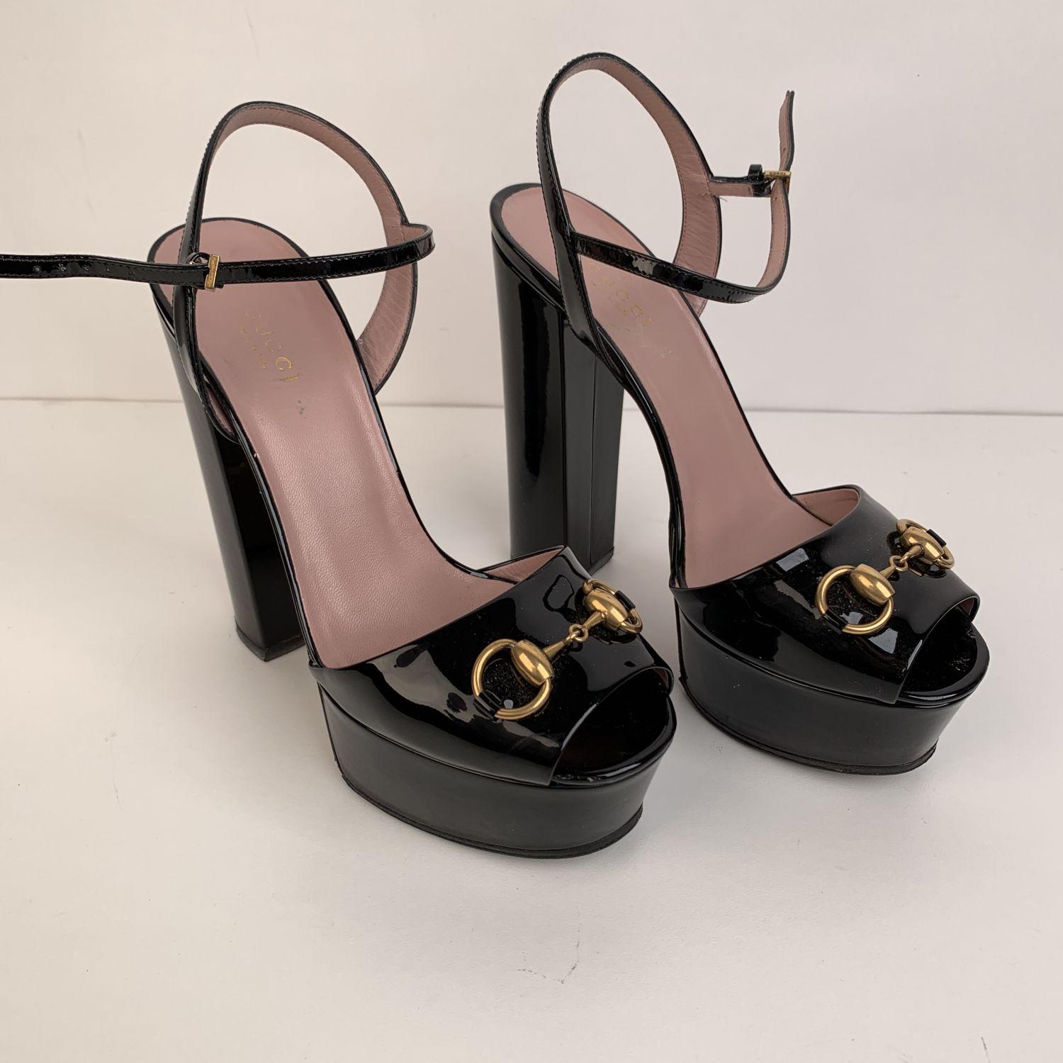 De las mujeres Gucci Negro charol Horsebit Claudia Bombas Tacones Altos Tamaño 38.5