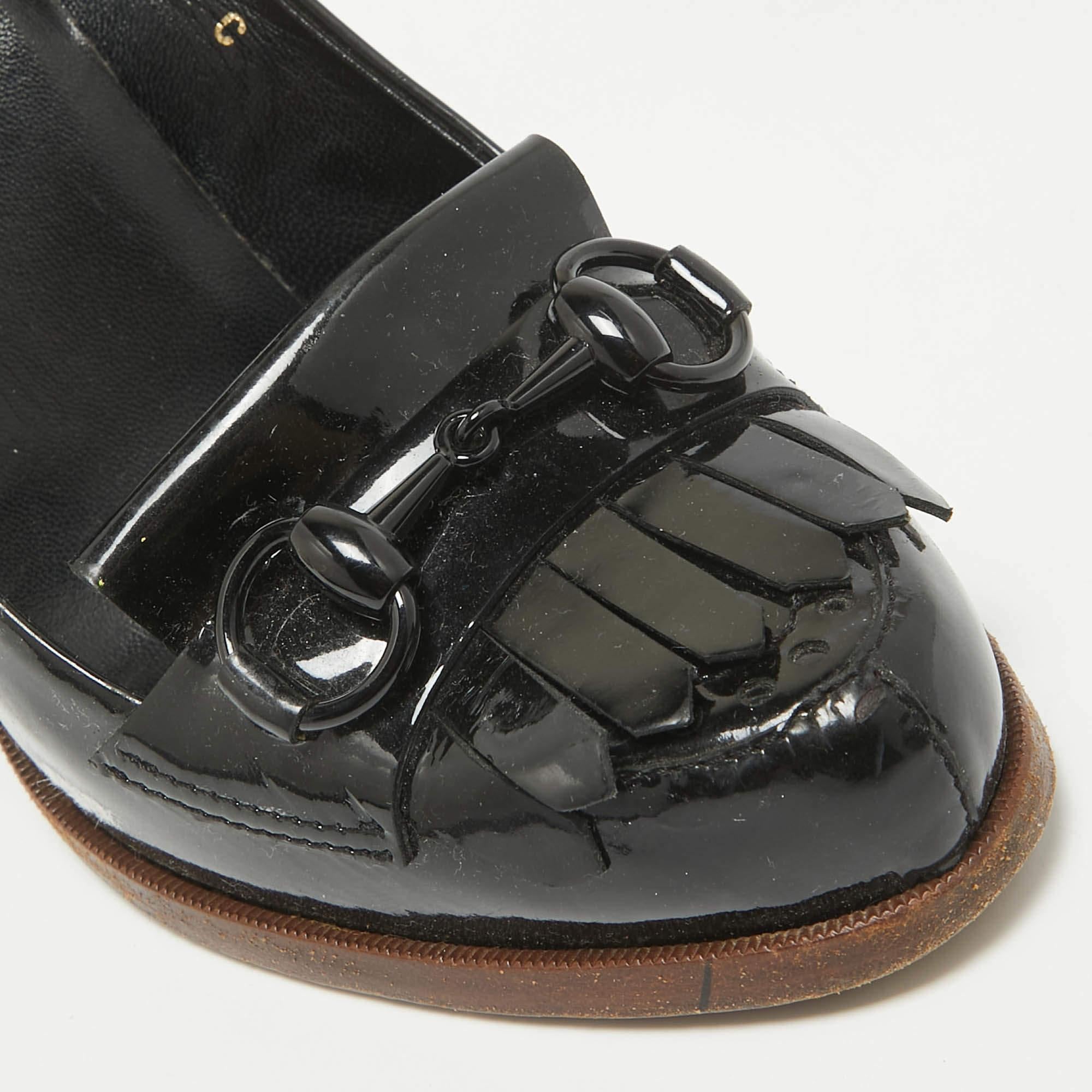 Gucci Black Patent Leather Horsebit Fringe Loafer Pumps Size 37 3