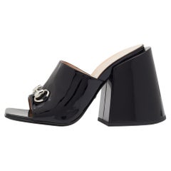 Gucci Black Patent Leather Horsebit Lexi Block Heel Slide Sandals Size 38