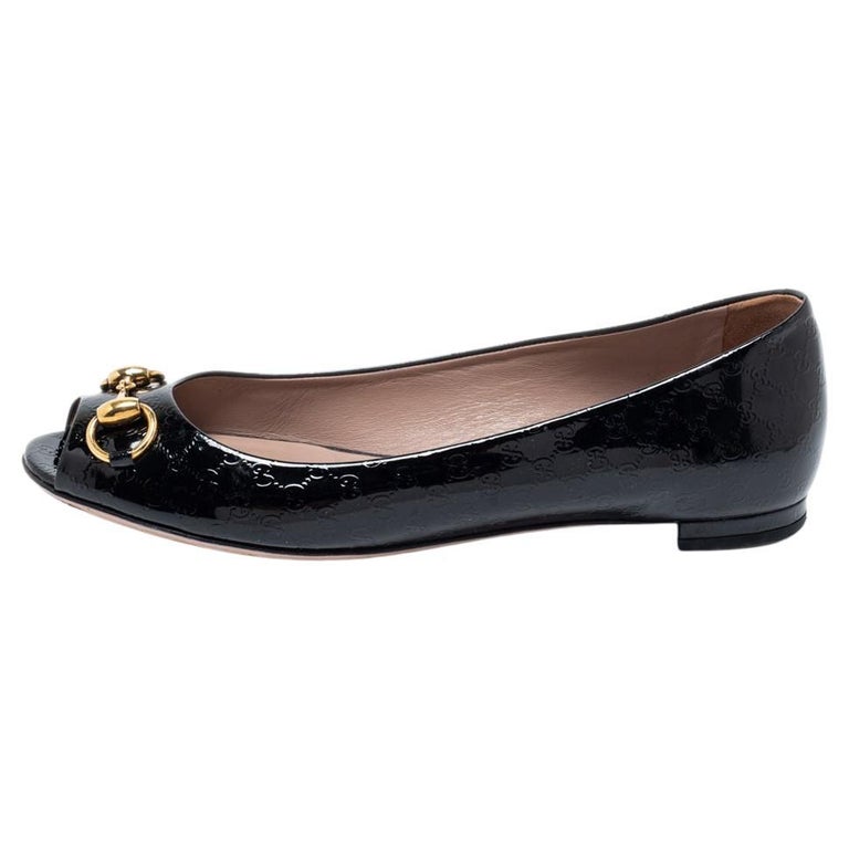 Gucci Black Patent Leather Horsebit Open Toe Ballet Flats Size 38 For Sale  at 1stDibs