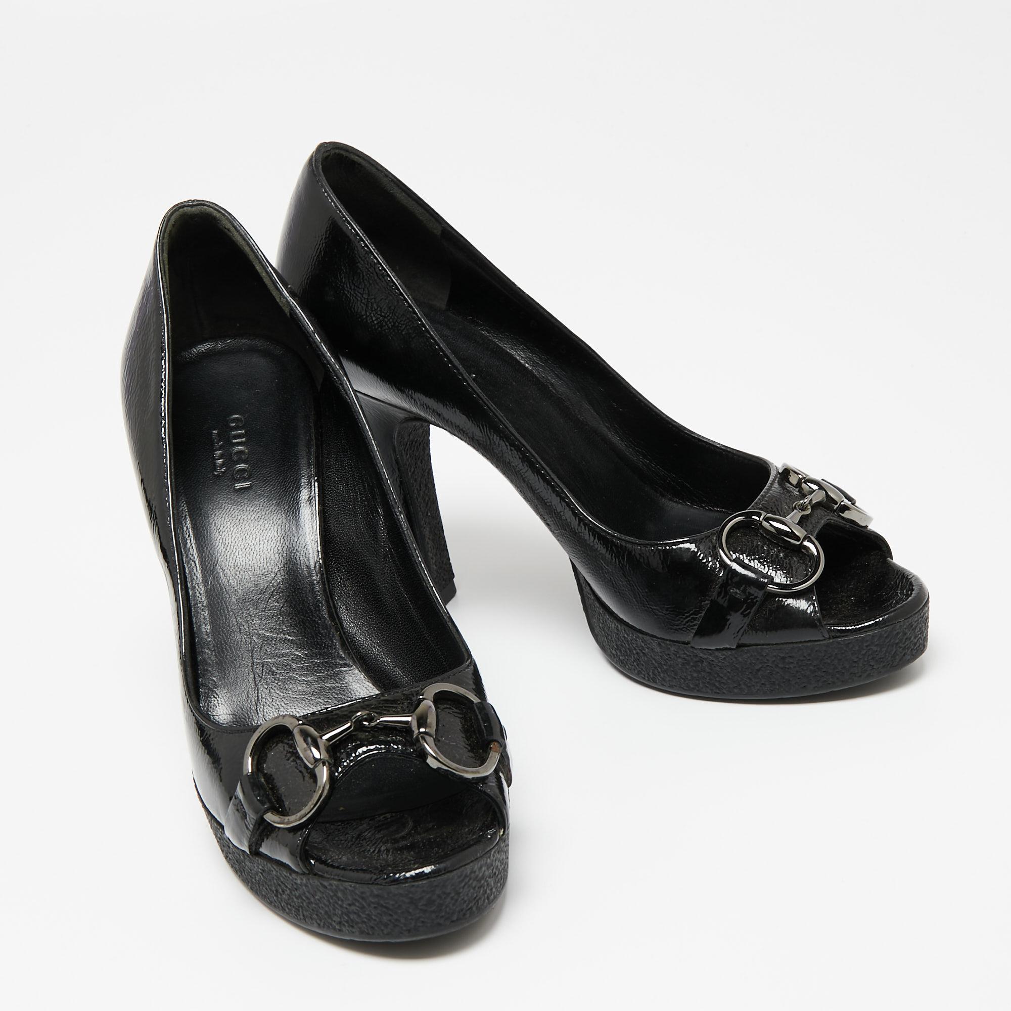 Women's Gucci Black Patent Leather Horsebit Peep Toe Platform Pumps Size 35.5