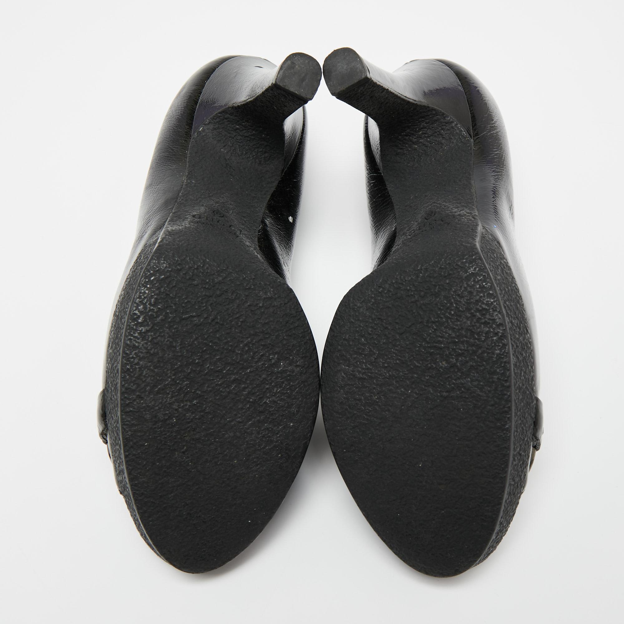 Gucci Black Patent Leather Horsebit Peep Toe Platform Pumps Size 35.5 4