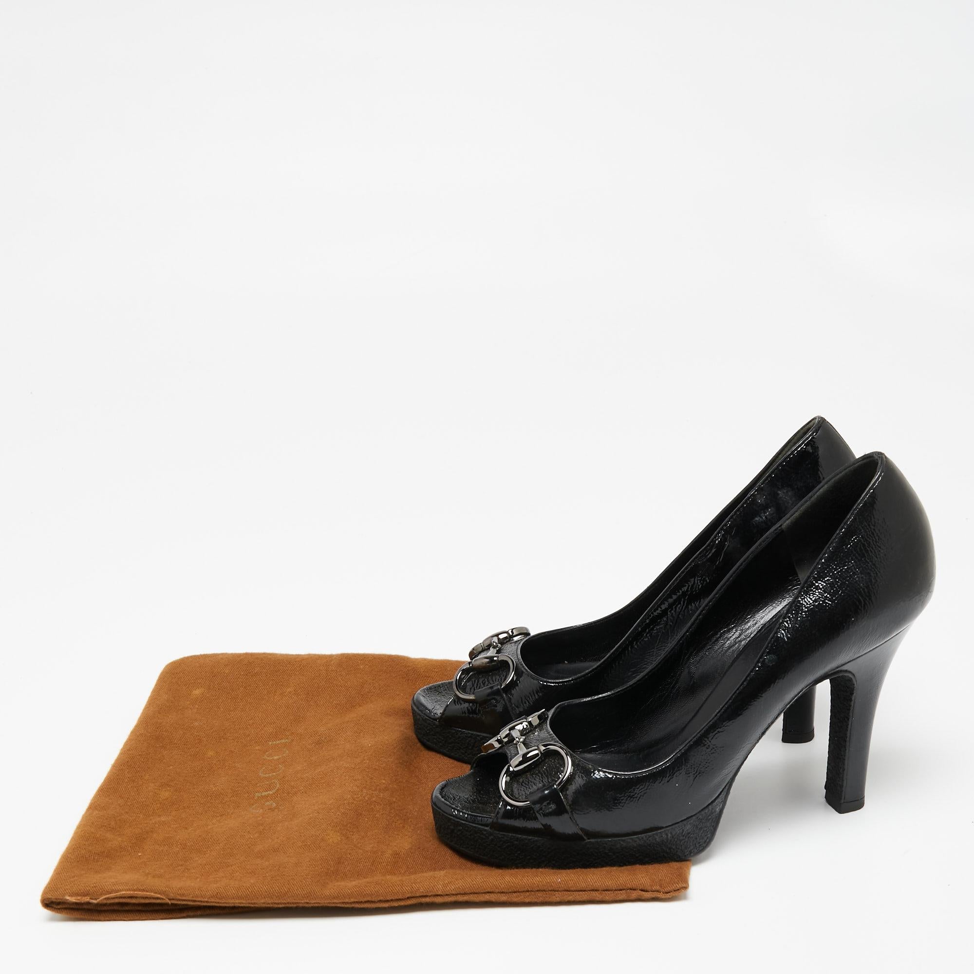 Gucci Black Patent Leather Horsebit Peep Toe Platform Pumps Size 35.5 5