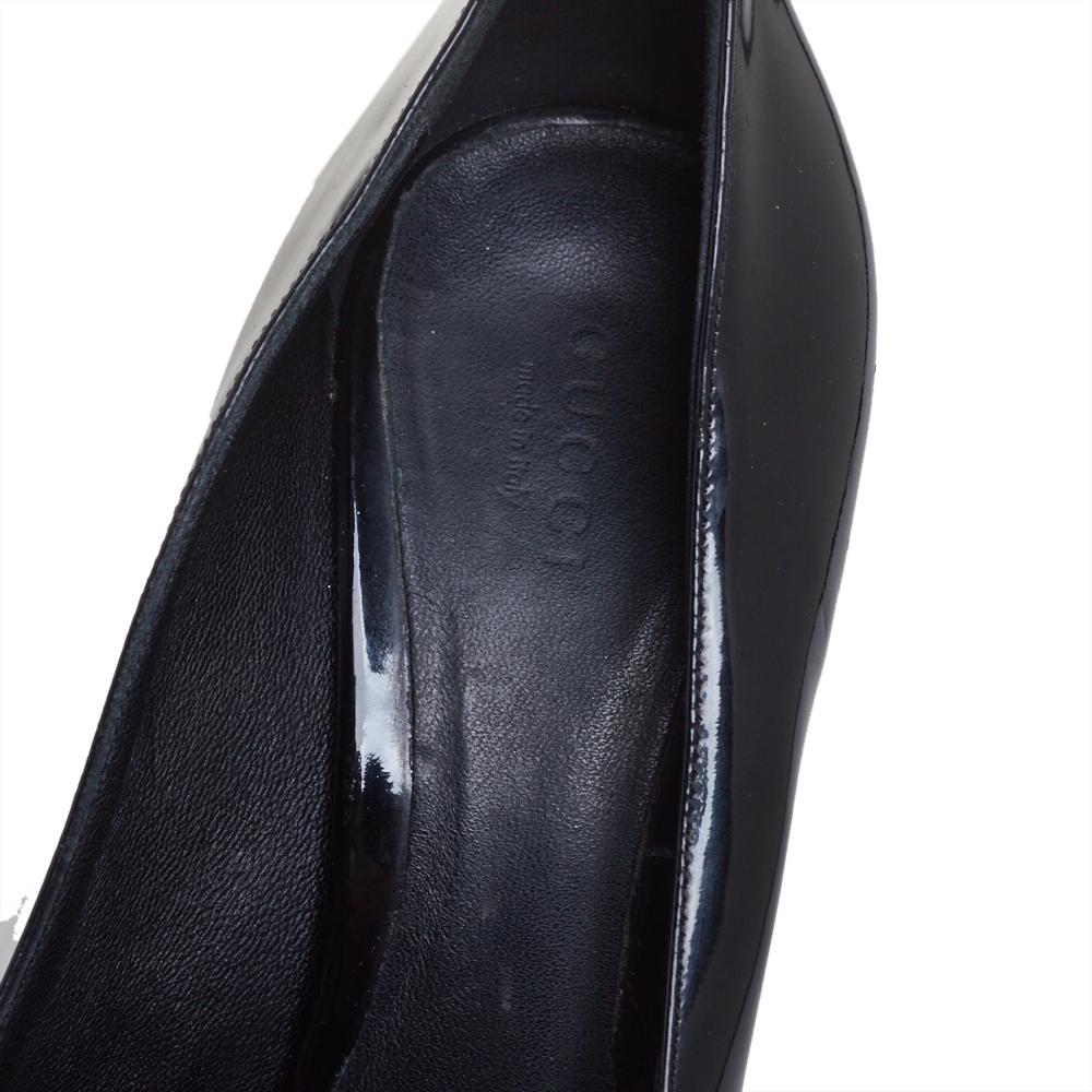 Women's Gucci Black Patent Leather Horsebit Peep Toe Pumps Size 39