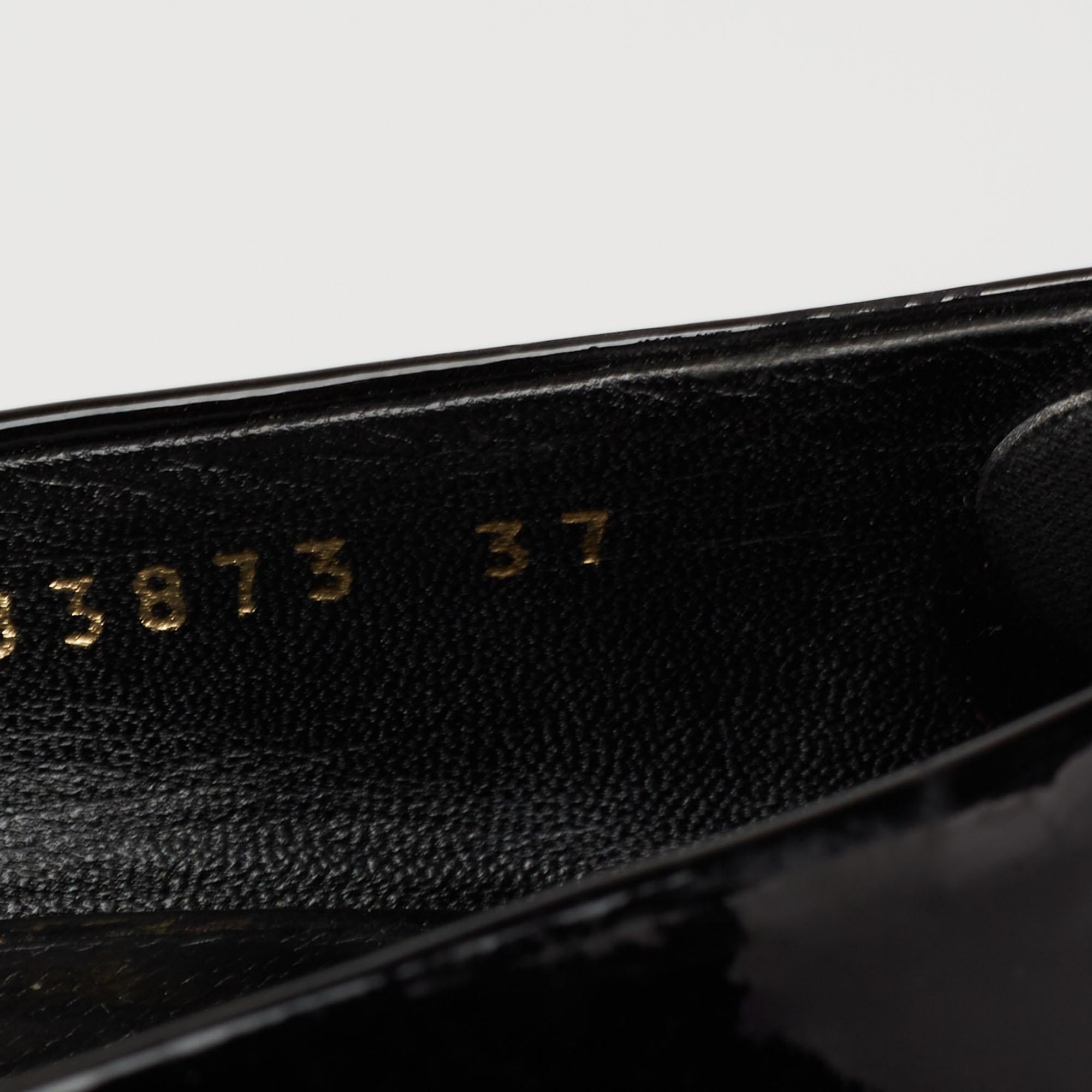 Gucci Black Patent Leather Horsebit Peep-Toe Wedge Pumps Size 37 4
