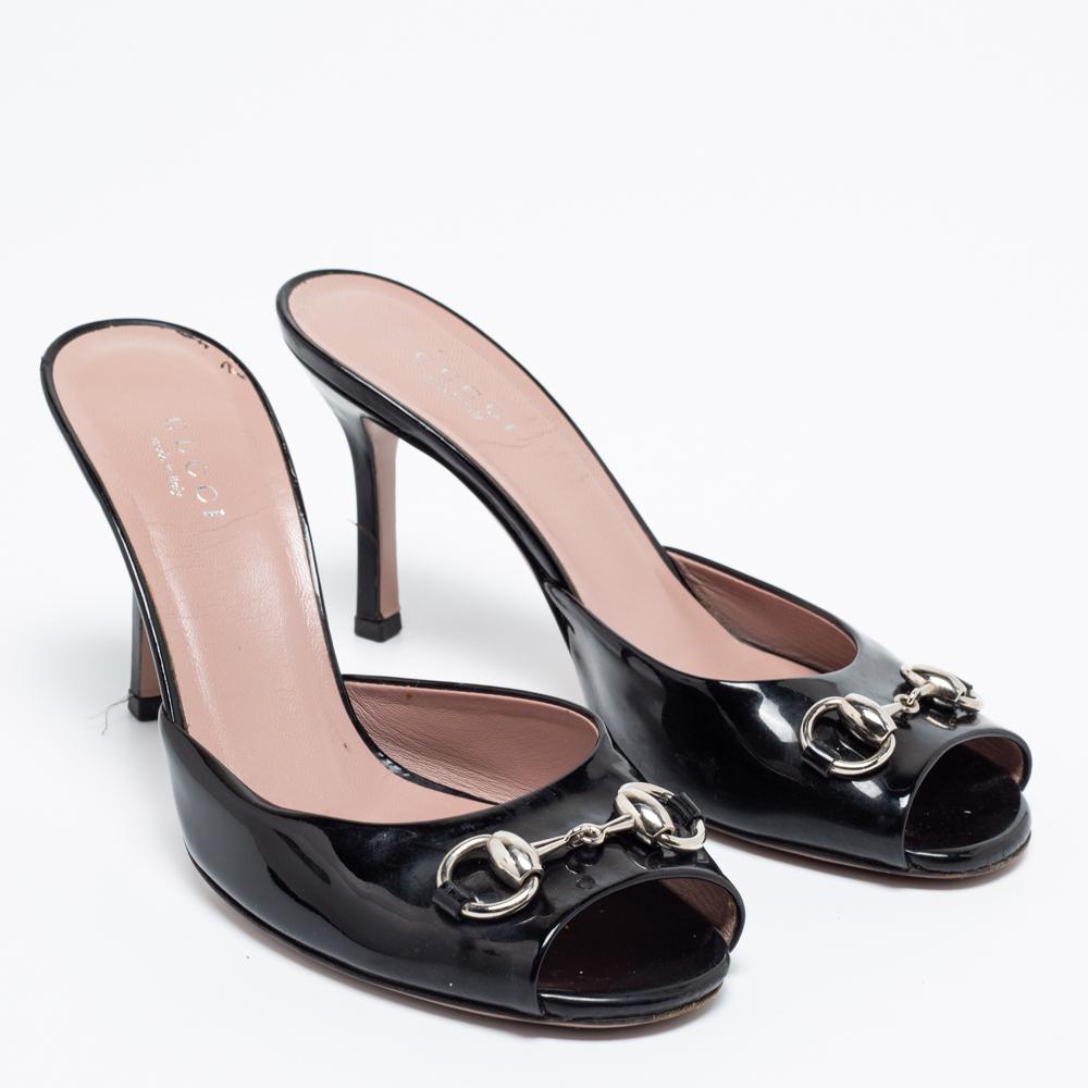 Gucci Black Patent Leather Horsebit Slide Sandals Size 36 1