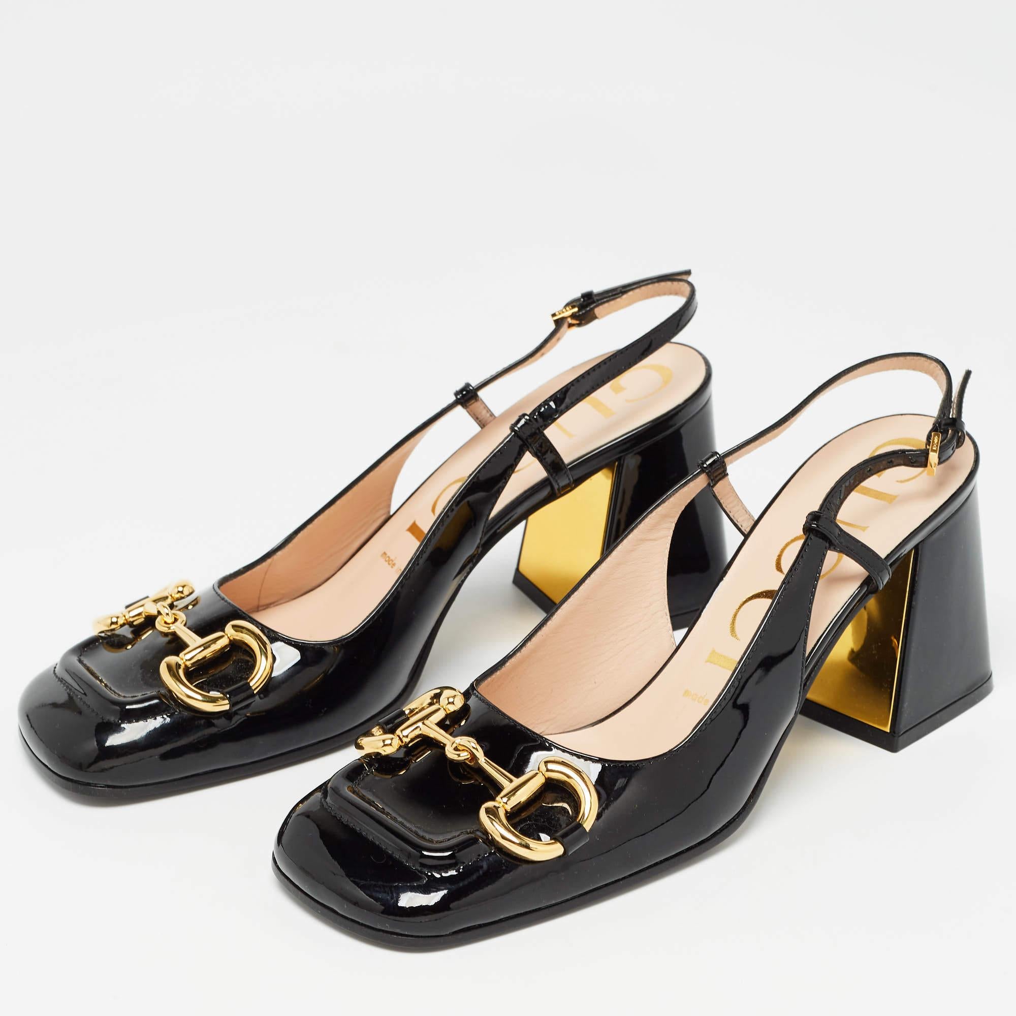 Luxuriously crafted slingback pumps by Gucci to offer you an elegant look. They are covered in black patent leather, embellished with the iconic Horsebit, and lifted on 6 cm heels.