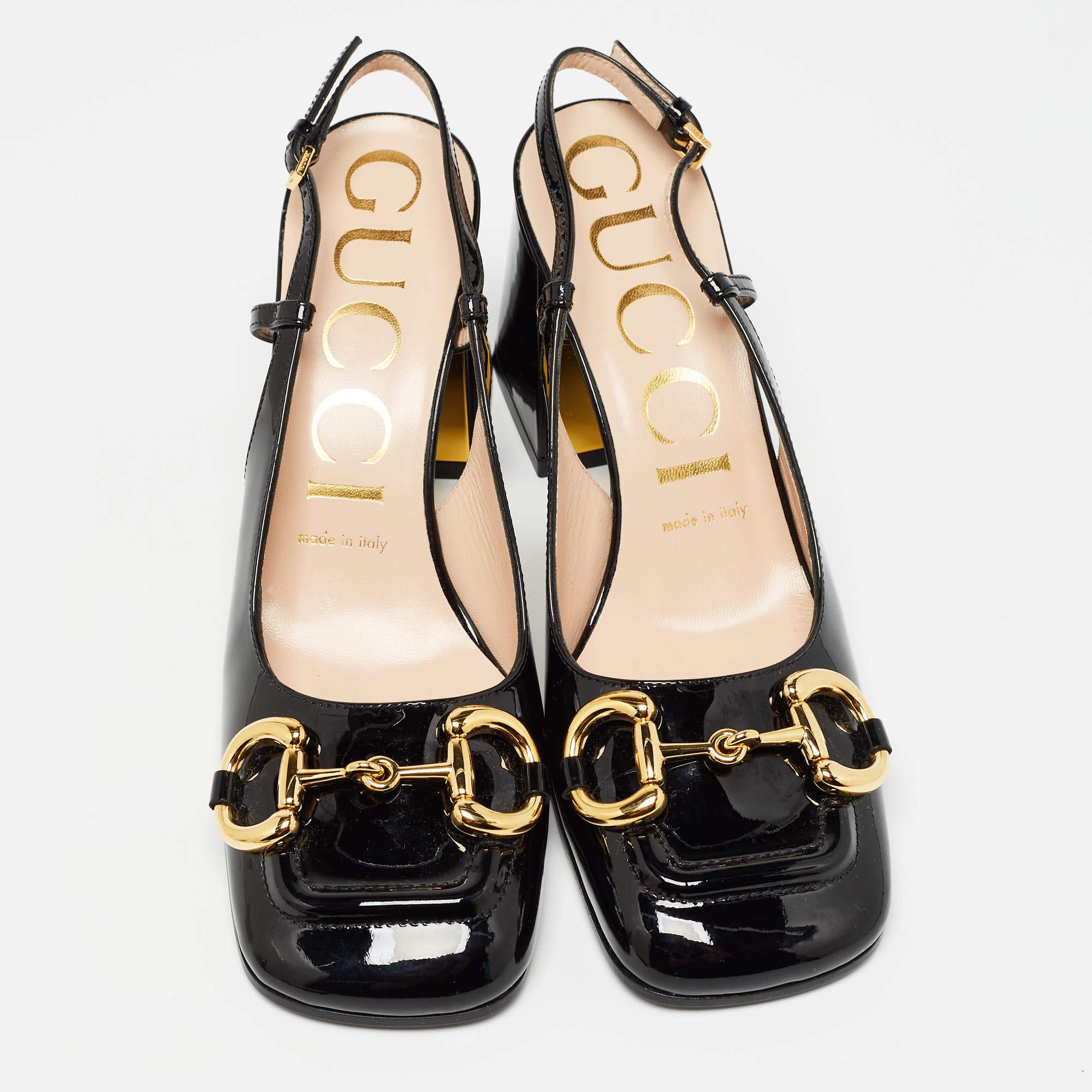 Gucci Black Patent Leather Horsebit Slingback Pumps Size 37.5 In Good Condition In Dubai, Al Qouz 2