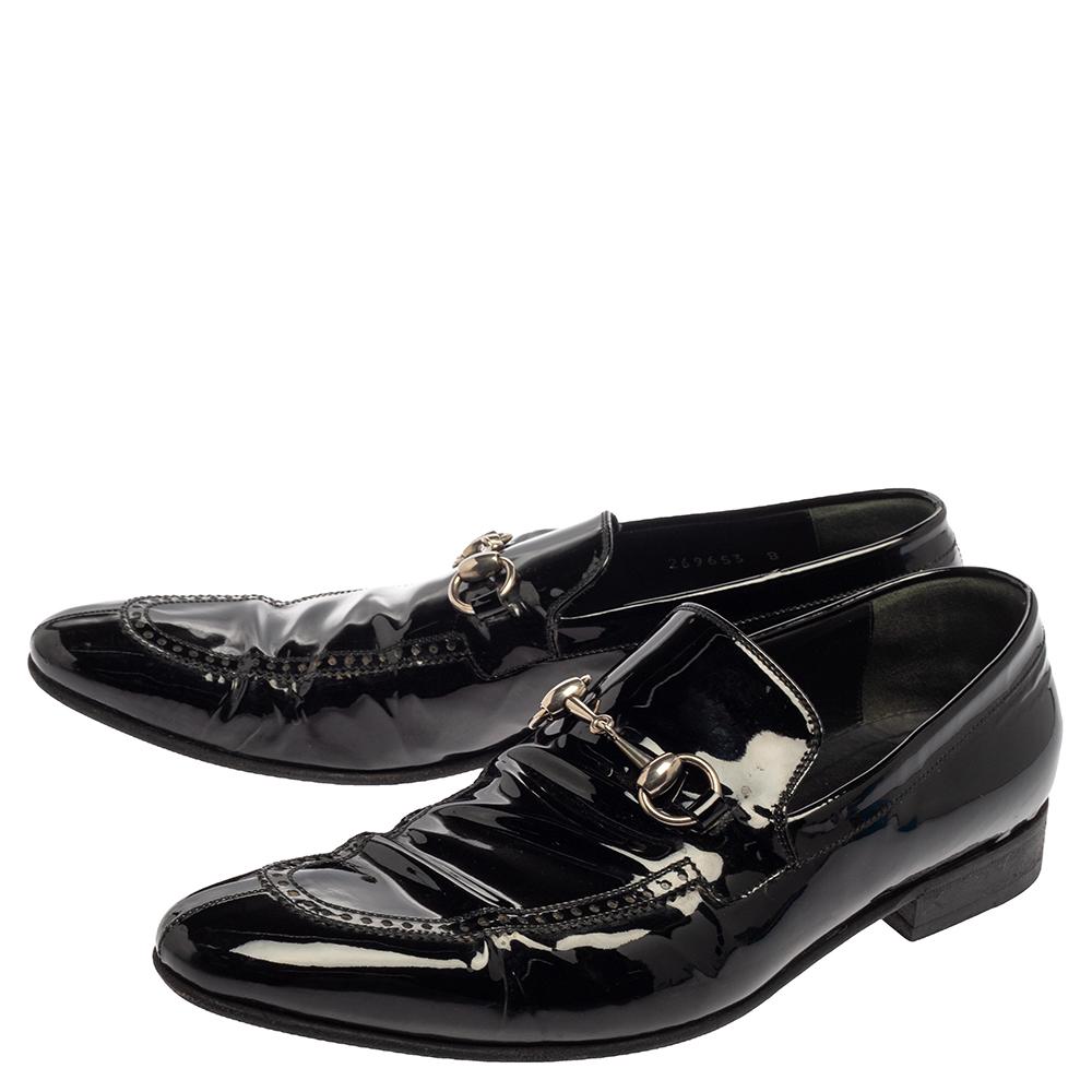 Men's Gucci Black Patent Leather Horsebit Slip On Loafers Size 42