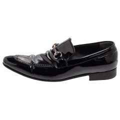 Gucci Black Patent Leather Horsebit Slip On Loafers Size 42