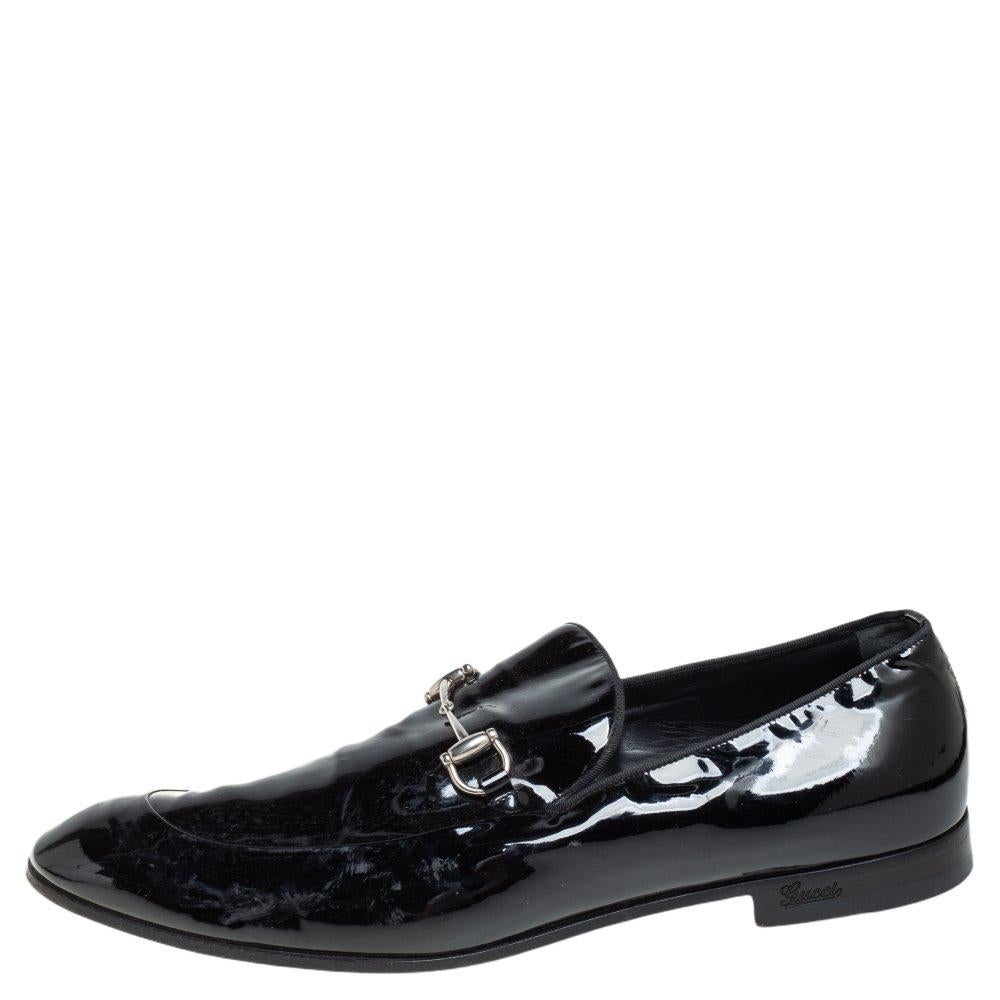 Men's Gucci Black Patent Leather Horsebit Slip on Loafers Size 43.5