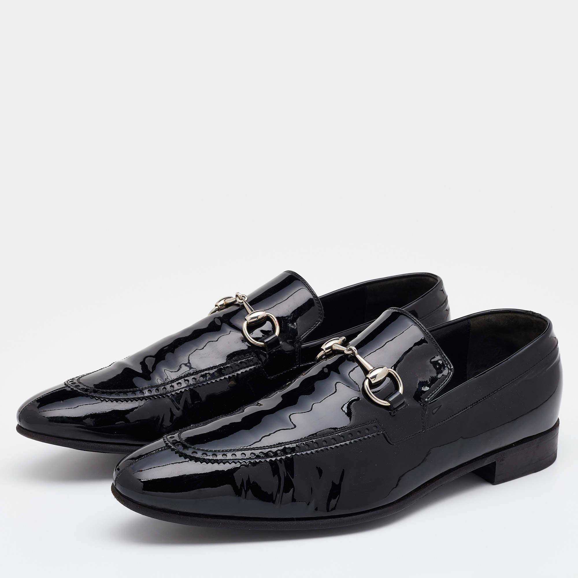 Gucci Black Patent Leather Horsebit Slip On Loafers Size 44 In Good Condition In Dubai, Al Qouz 2