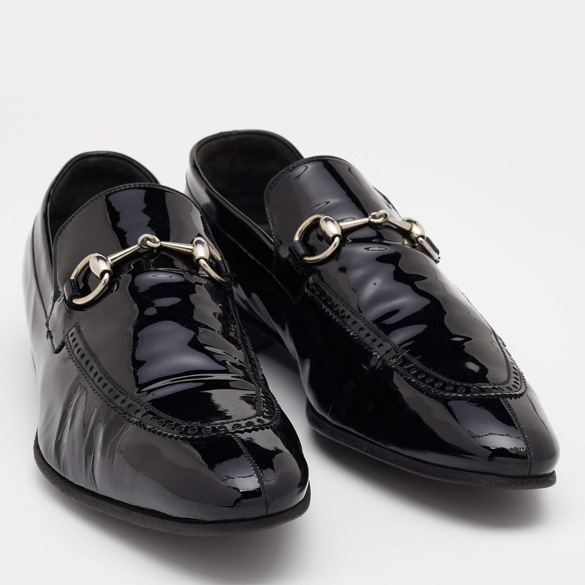 Men's Gucci Black Patent Leather Horsebit Slip On Loafers Size 44