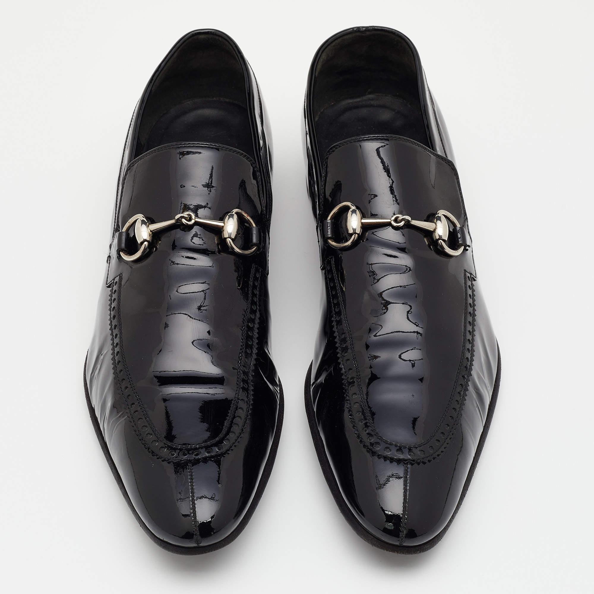 Gucci Black Patent Leather Horsebit Slip On Loafers Size 44 3