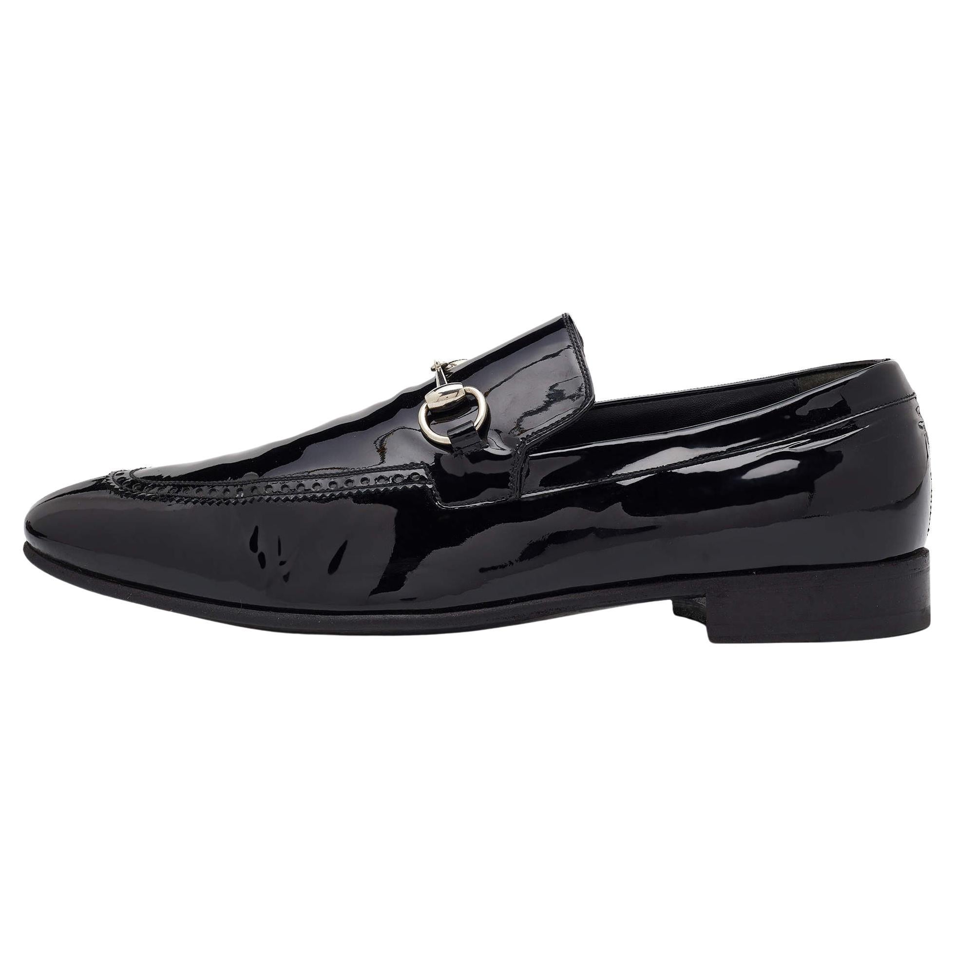 Gucci Black Patent Leather Horsebit Slip On Loafers Size 44