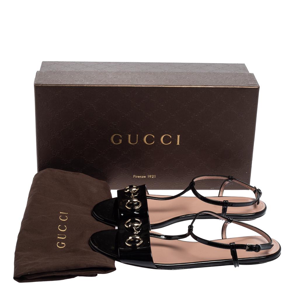 Women's Gucci Black Patent Leather Horsebit T Strap Flat Sandals Size 37.5
