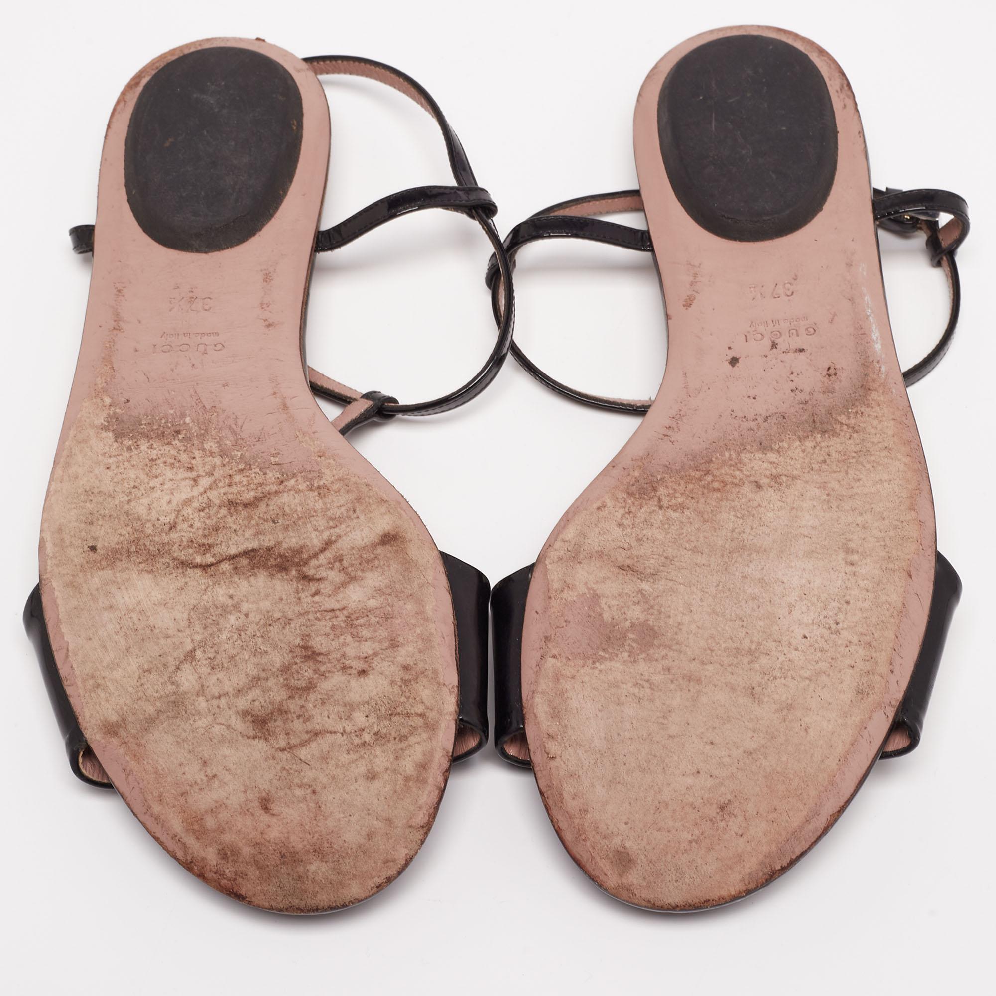 Gucci Black Patent Leather Horsebit T-Strap Flat Sandals Size 37.5 2