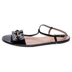 Gucci Black Patent Leather Horsebit T Strap Flat Sandals Size 37.5