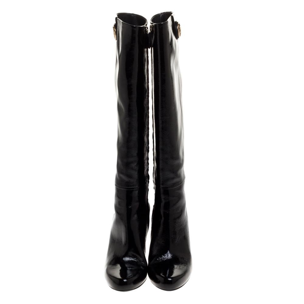 Gucci Black Patent Leather Hysteria Knee Length Boots Size 37.5 In Good Condition In Dubai, Al Qouz 2
