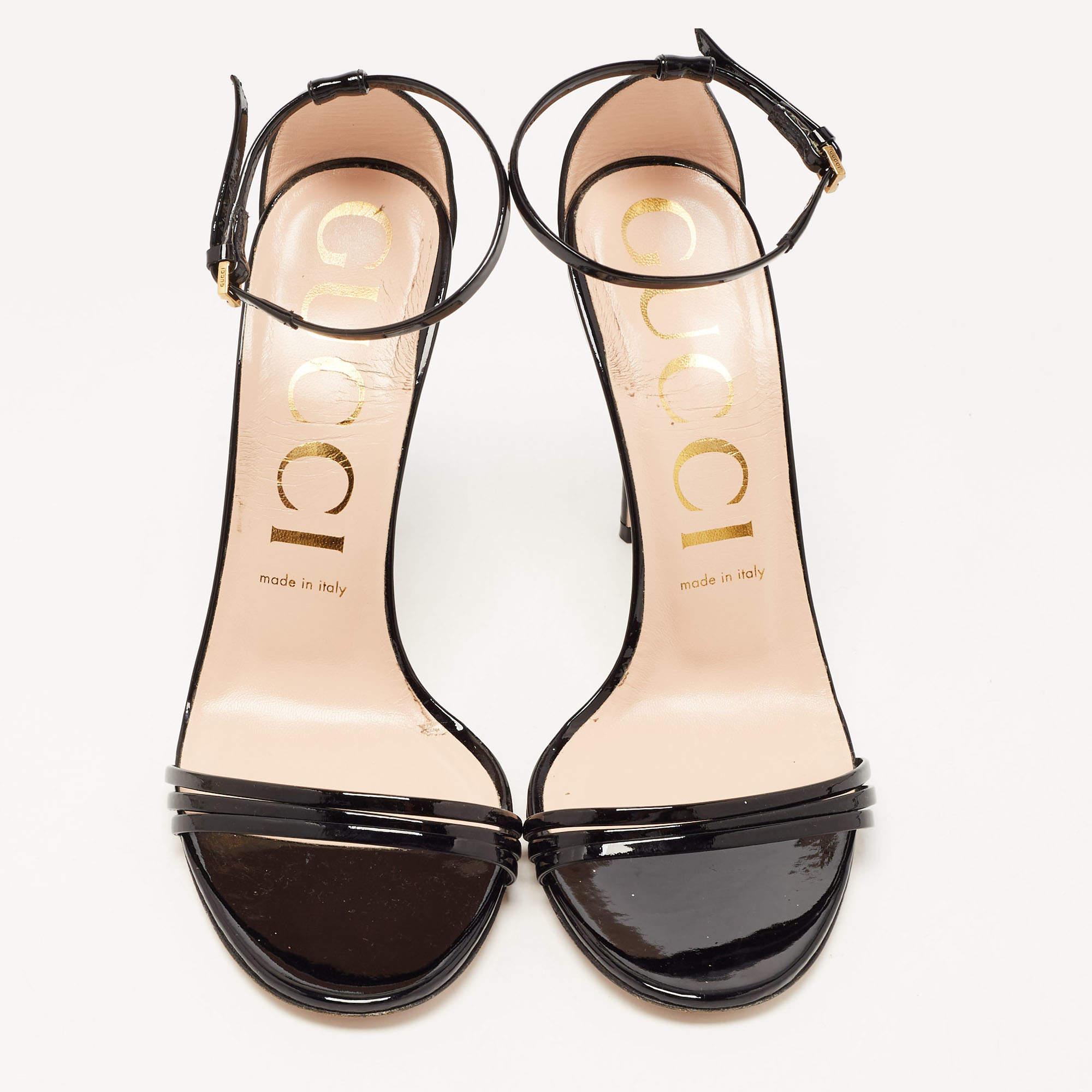 Gucci Black Patent Leather Ilse Ankle Strap Sandals Size 39.5 4