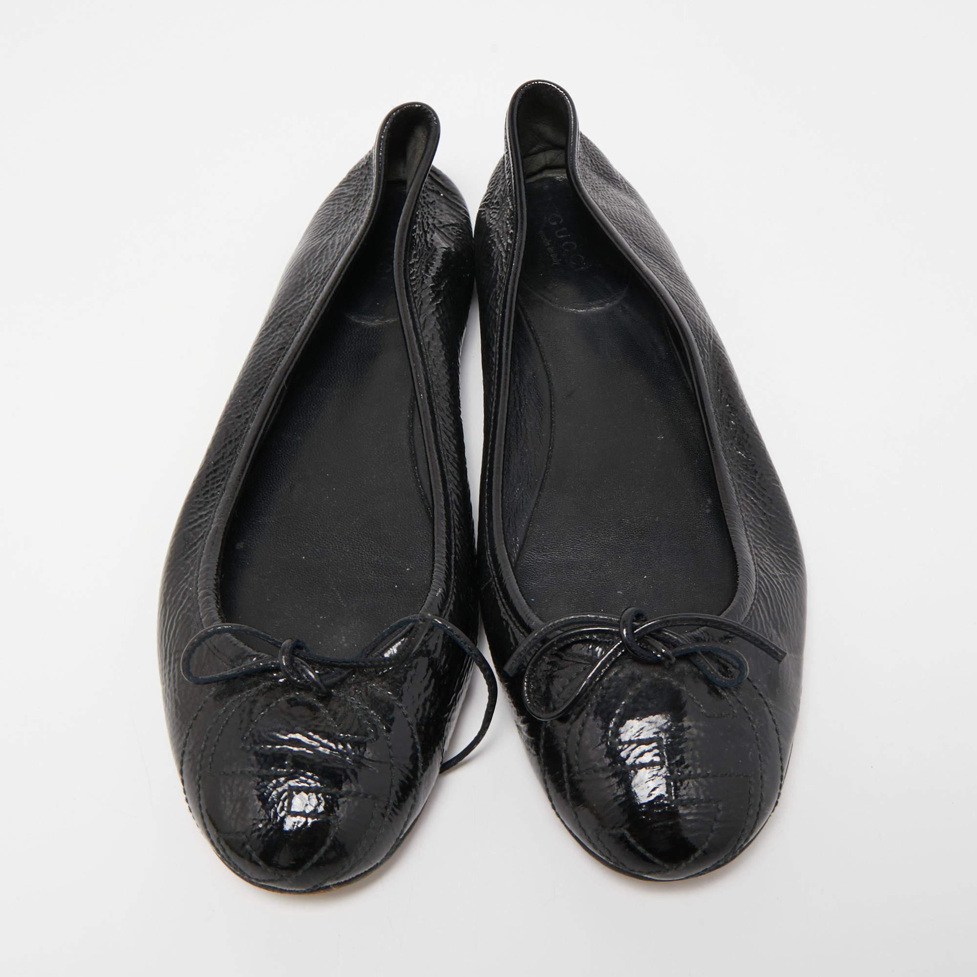Women's Gucci Black Patent Leather Interlocking G Bow Ballet Flats Size 39 For Sale