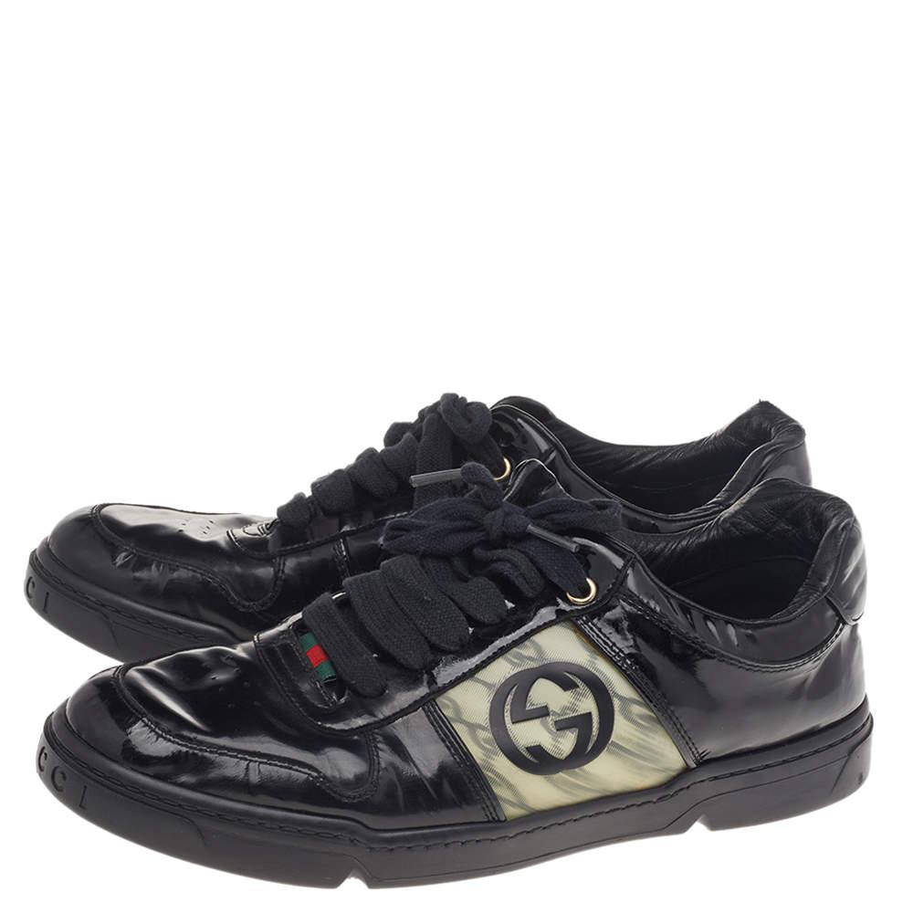Men's Gucci Black Patent Leather Interlocking G Hologram Logo Low Top Sneakers Size 41
