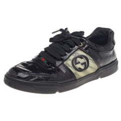 Gucci Black Patent Leather Interlocking G Hologram Logo Low Top Sneakers Size 41