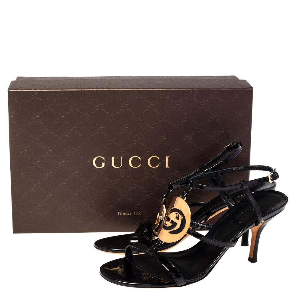 Gucci Black Patent Leather Interlocking G Strappy Sandals Size 38.5 3