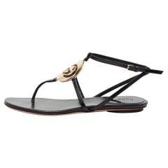 Gucci Black Patent Leather Interlocking G Thong Strap Flat Sandals Size 36