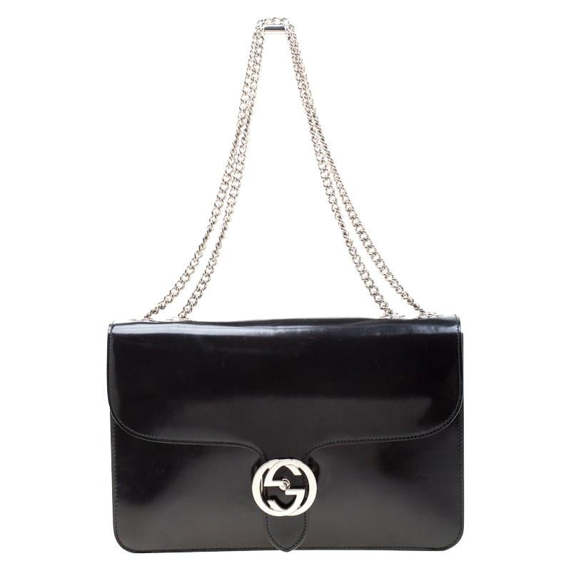 Gucci Black Patent Leather Interlocking Medium Shoulder Bag For Sale at 1stDibs