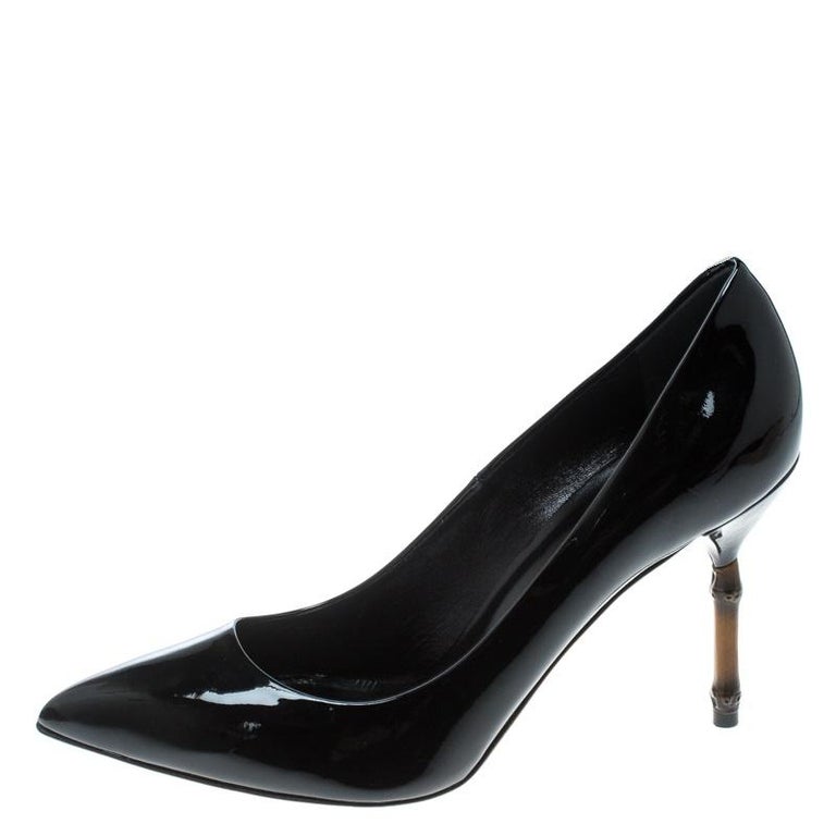 Gucci Black Patent Leather Kristen Bamboo Heel Pointed Toe Pumps Size ...
