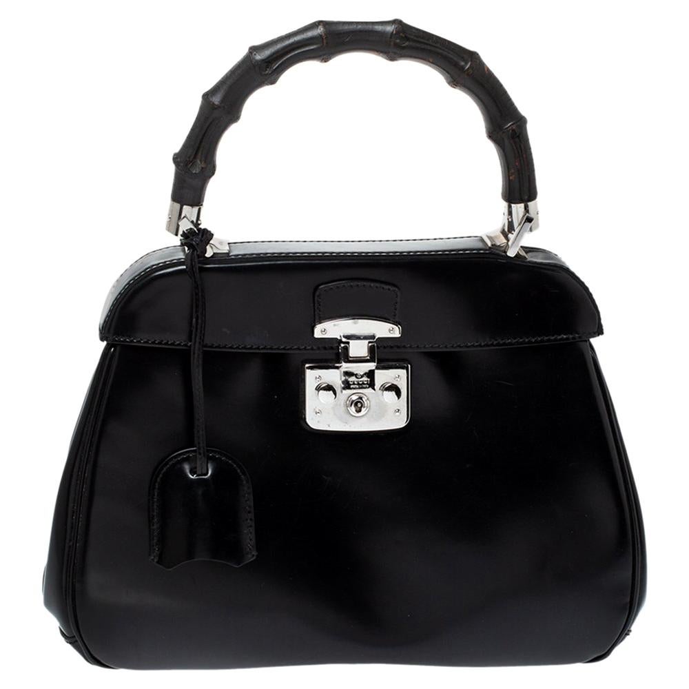 Gucci Black Patent Leather Lady Lock Bamboo Top Handle Bag