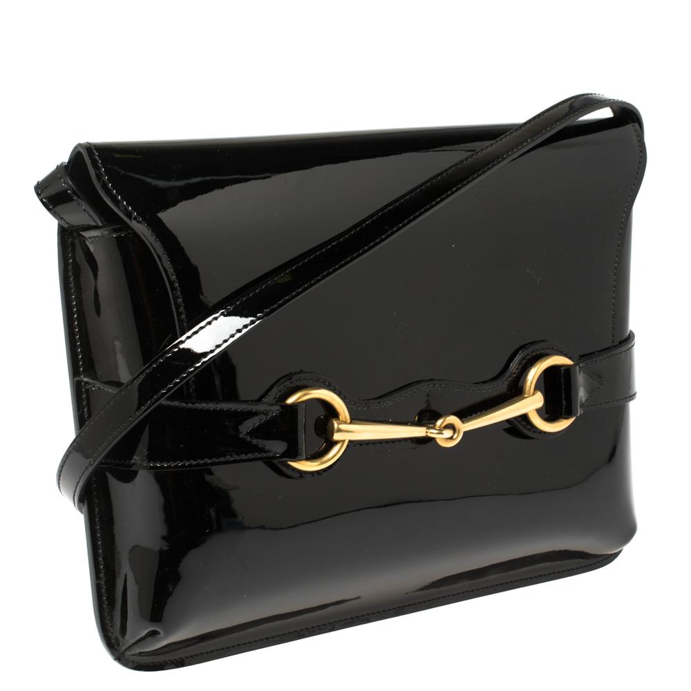 Gucci Black Patent Leather Large Bright Bit Shoulder Bag In Good Condition In Dubai, Al Qouz 2