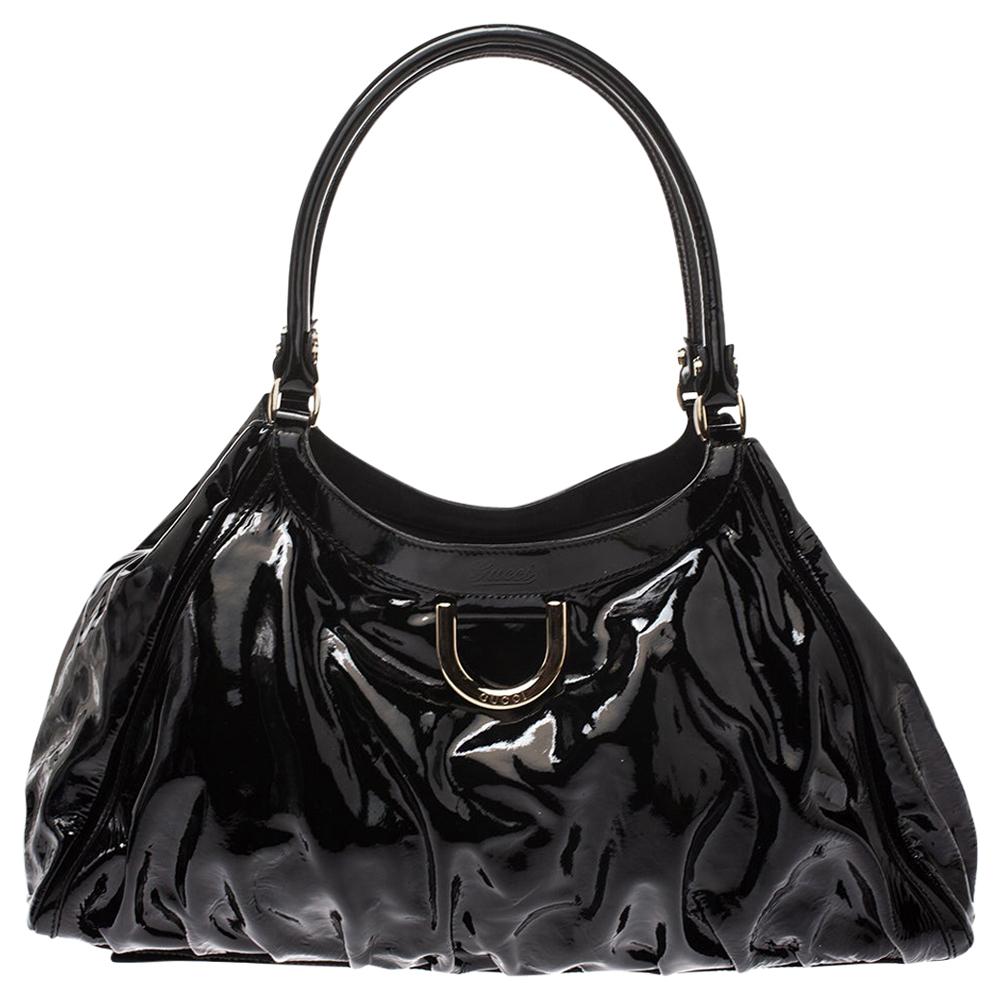 Gucci Black Patent Leather Large D Ring Hobo
