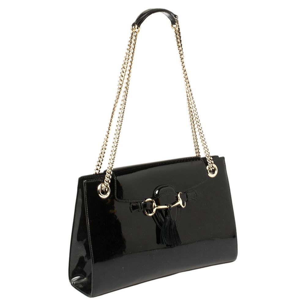 Women's Gucci Black Patent Leather Large Emily Chain Shoulder Bag