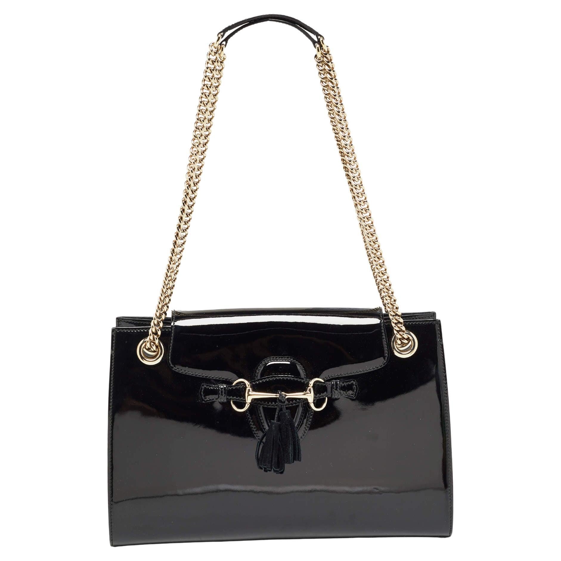 Gucci Black Patent Leather Large Emily Chain Handbag For Sale at 1stDibs