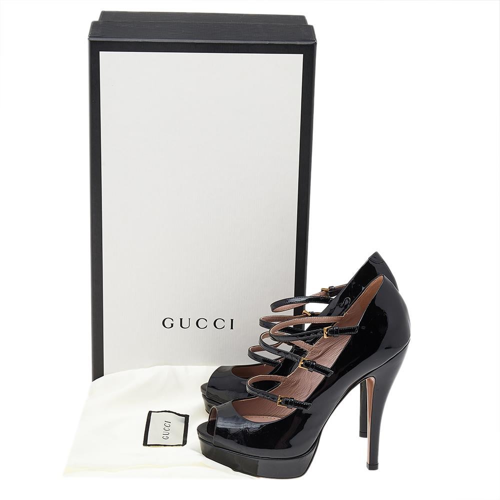 Gucci Black Patent Leather Multi Strap Lisbeth Platform Pumps Size 35.5 For Sale 3